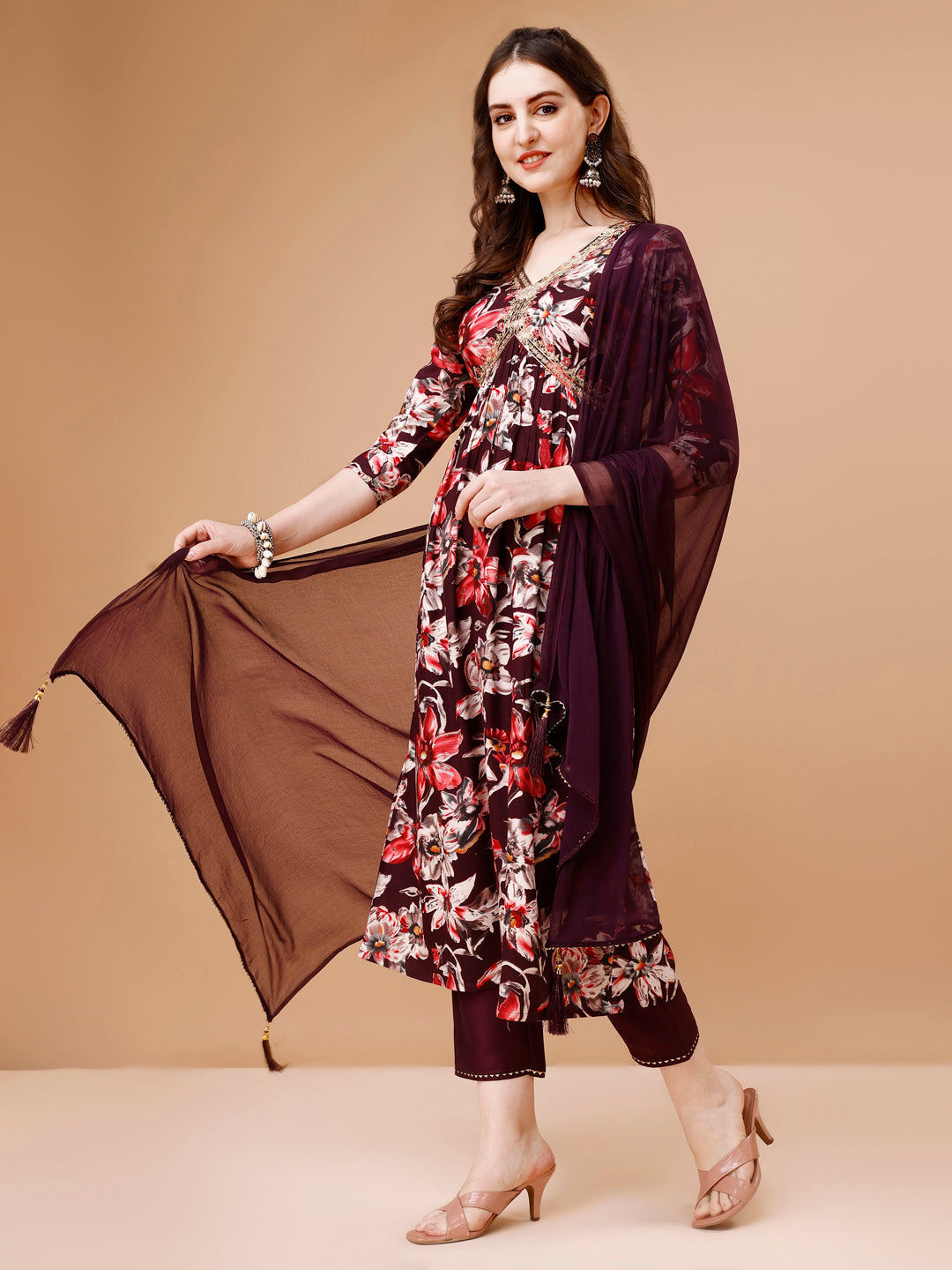 Alia Cut Embroidered & Floral Printed Rayon Kurta with pant & dupatta