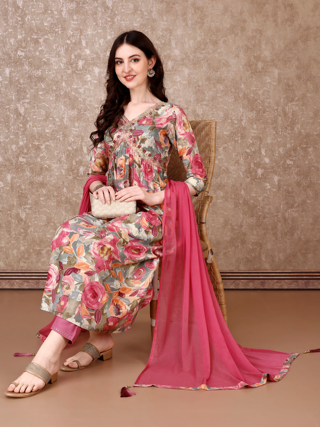 Alia Cut Embroidered & Floral Printed Kurta with pant & Dupatta Premium Luxury