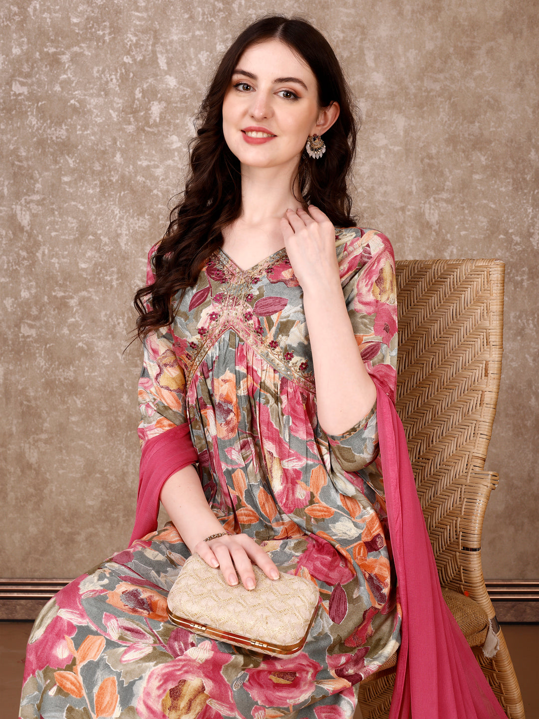 Alia Cut Embroidered & Floral Printed Kurta with pant & Dupatta Premium Luxury