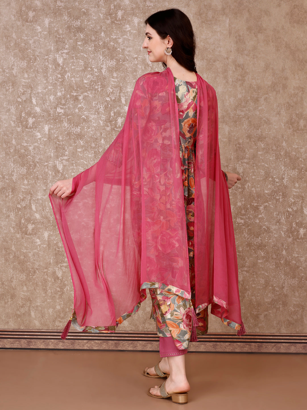 Alia Cut Embroidered & Floral Printed Kurta with pant & Dupatta Premium Luxury