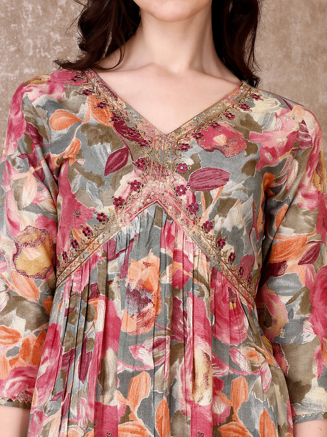 Alia Cut Embroidered & Floral Printed Kurta with pant & Dupatta Premium Luxury