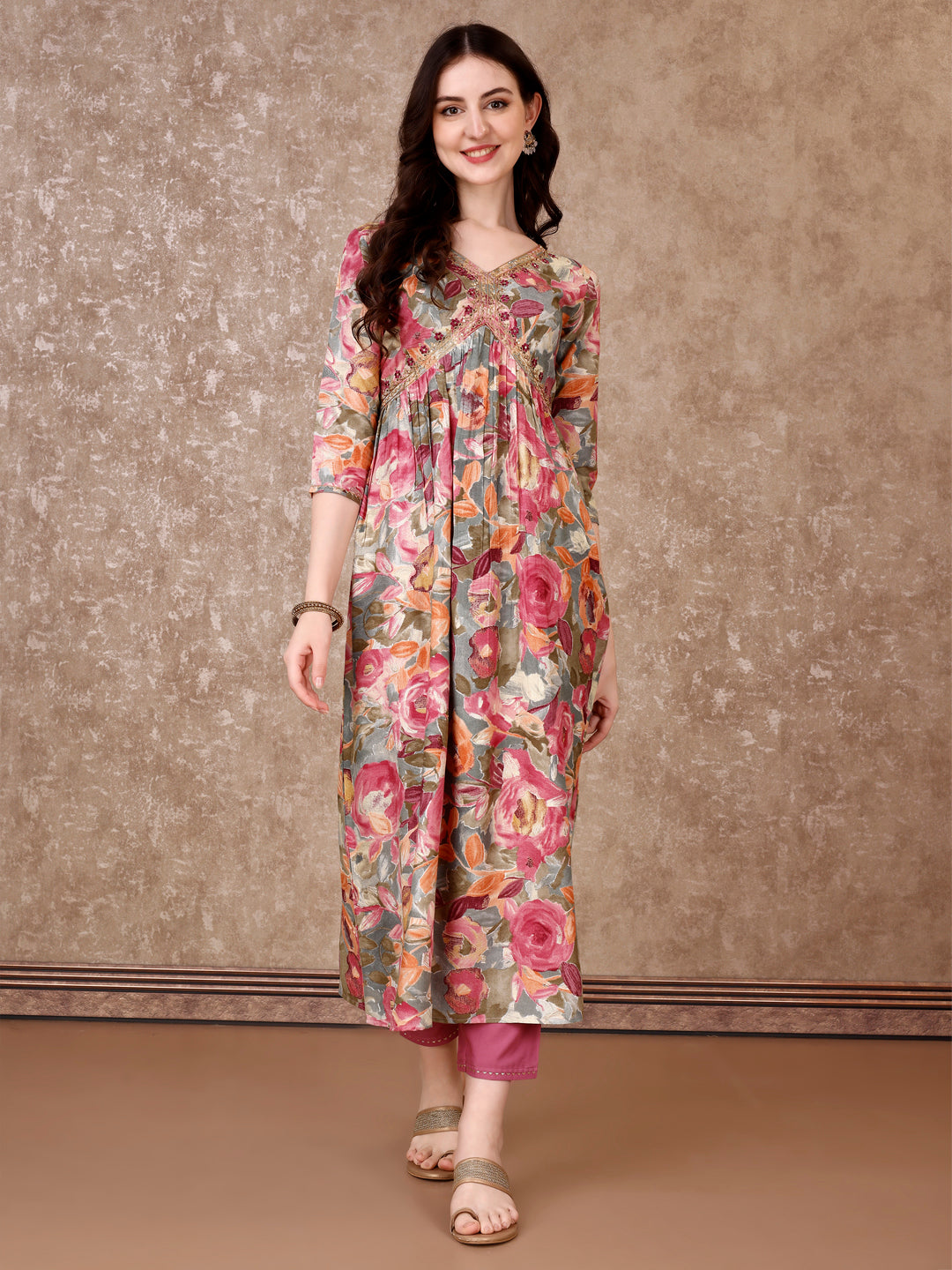 Alia Cut Embroidered & Floral Printed Kurta with pant & Dupatta Premium Luxury