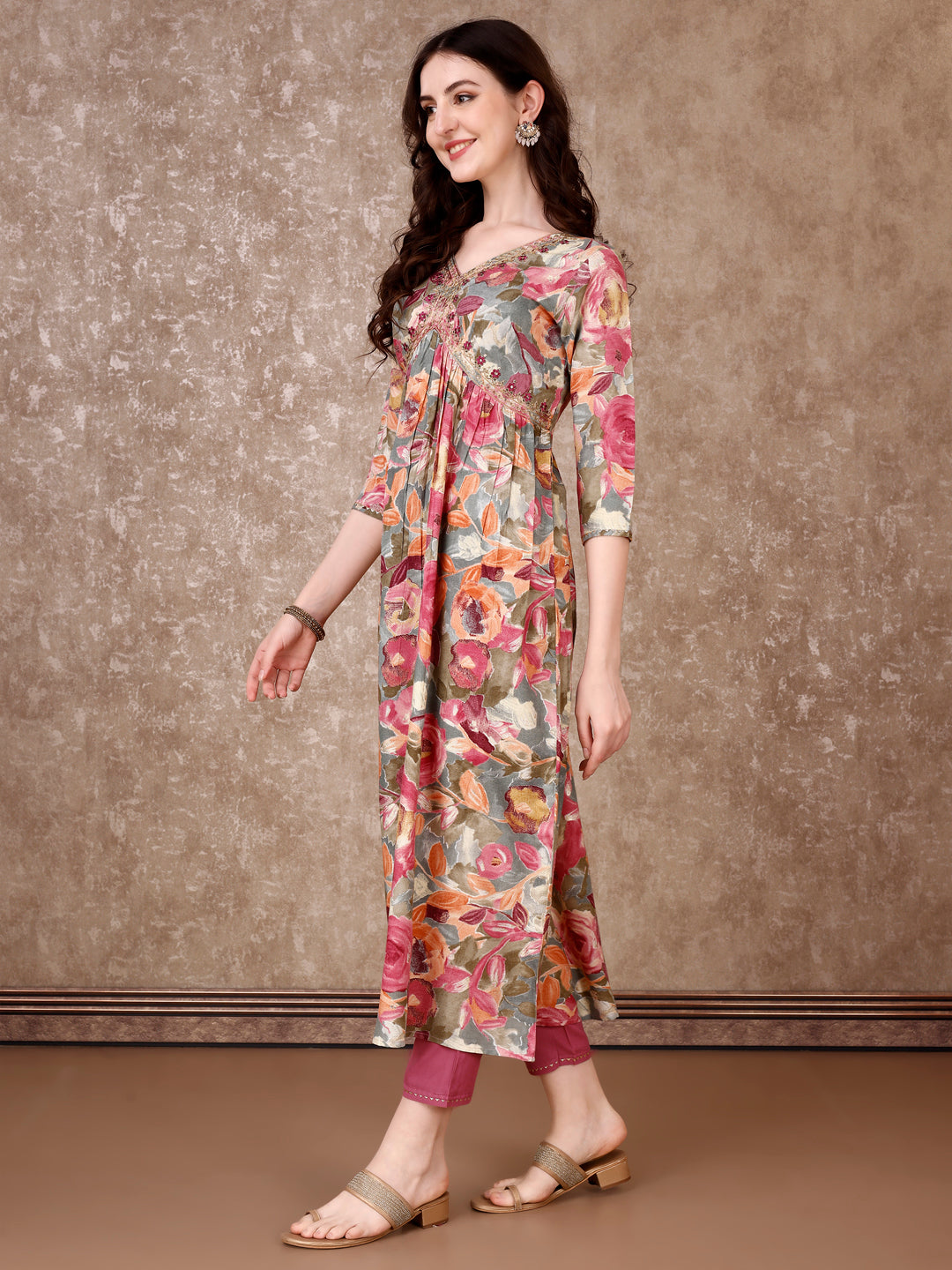 Alia Cut Embroidered & Floral Printed Kurta with pant & Dupatta Premium Luxury