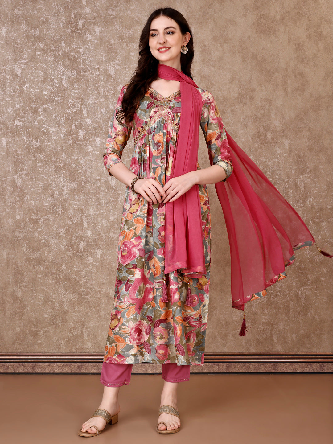 Alia Cut Embroidered & Floral Printed Kurta with pant & Dupatta Premium Luxury