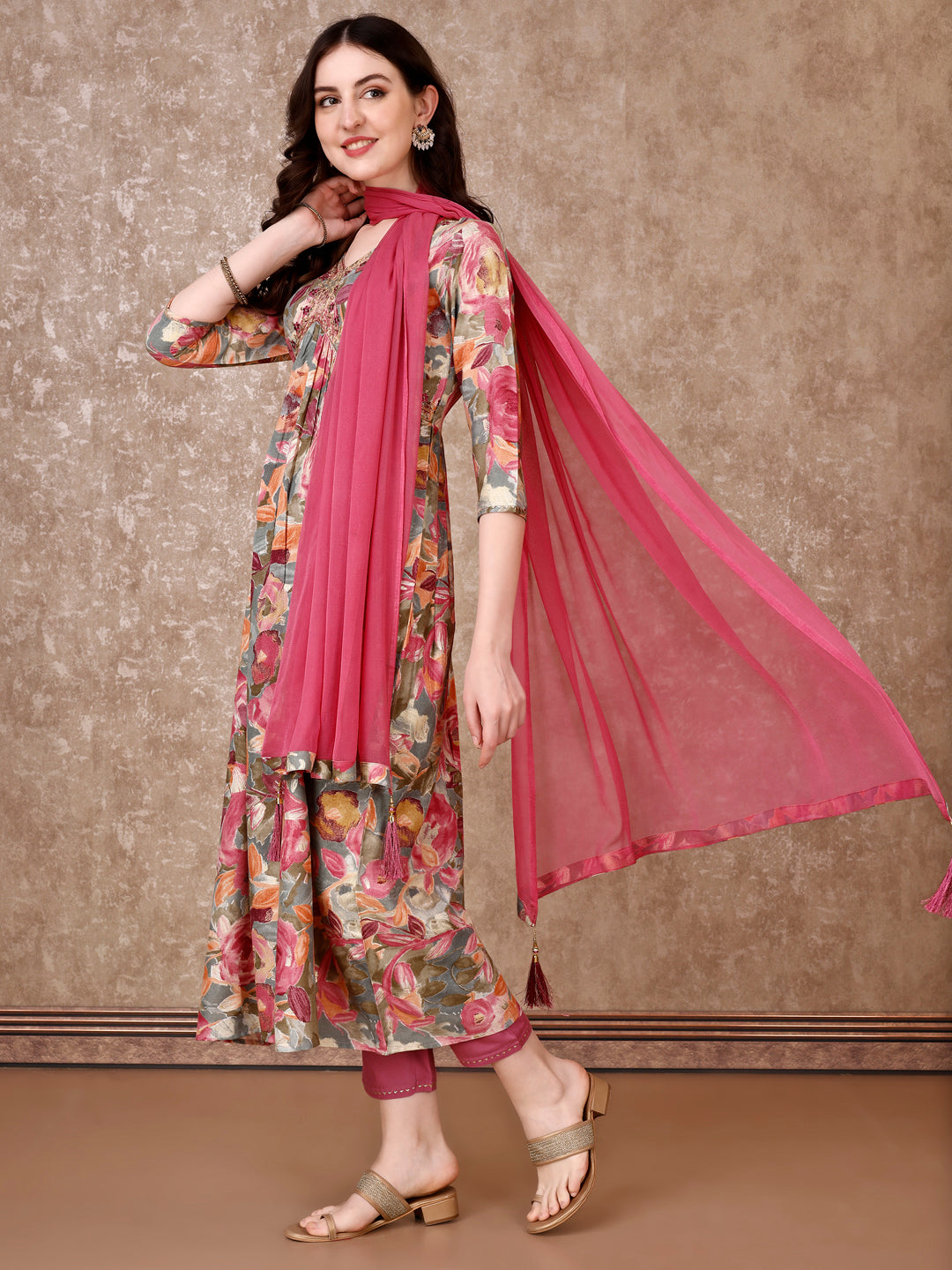 Alia Cut Embroidered & Floral Printed Kurta with pant & Dupatta Premium Luxury