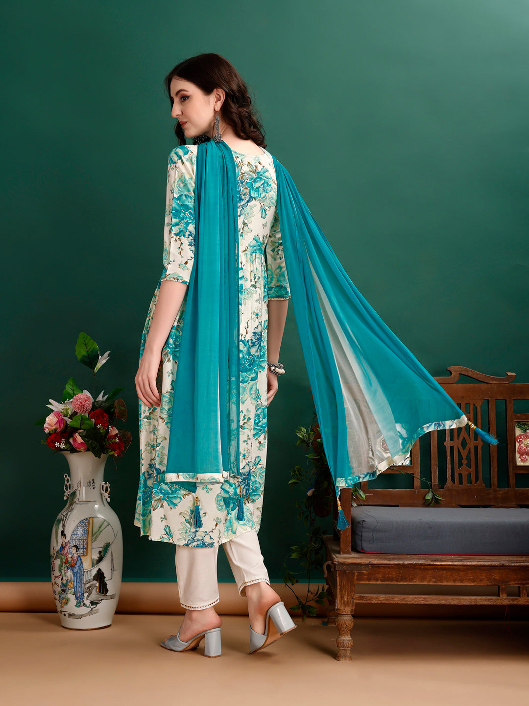 Alia Cut Floral Printed & Embroidered Kurta with pant & dupatta Set Premium Luxury