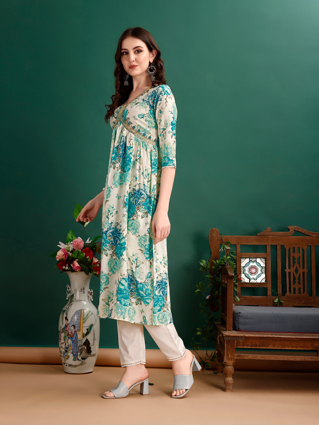 Alia Cut Floral Printed & Embroidered Kurta with pant & dupatta Set Premium Luxury