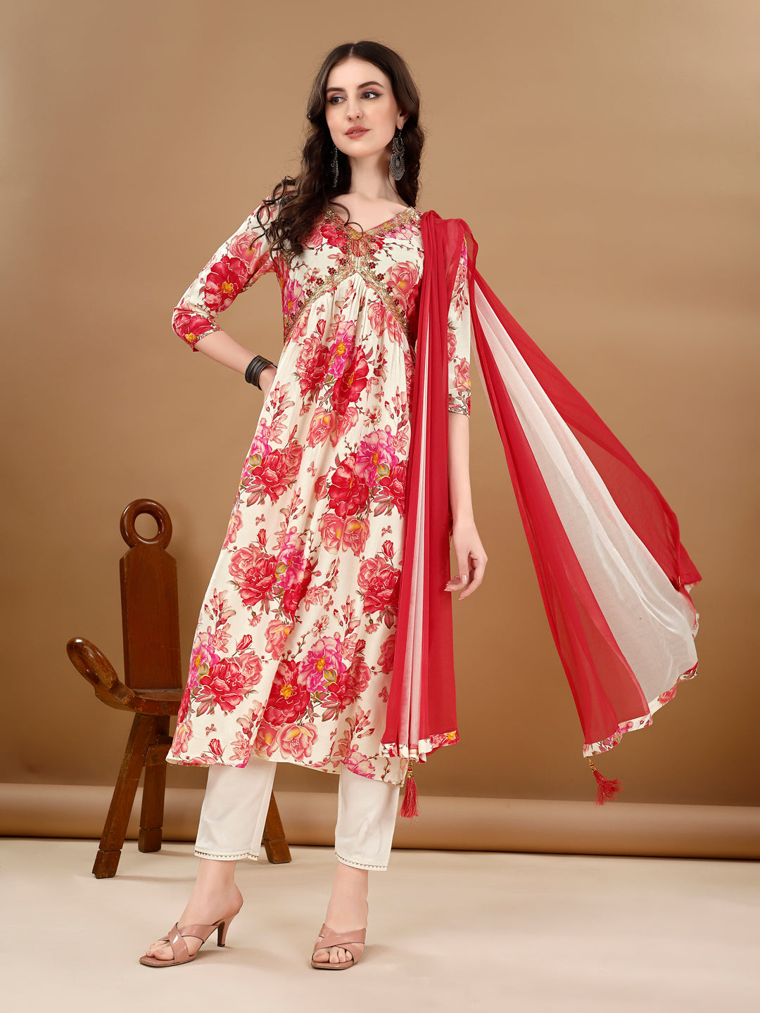 Alia Cut Floral Printed & Embroidered Kurta with pant & dupatta Set Premium Luxury