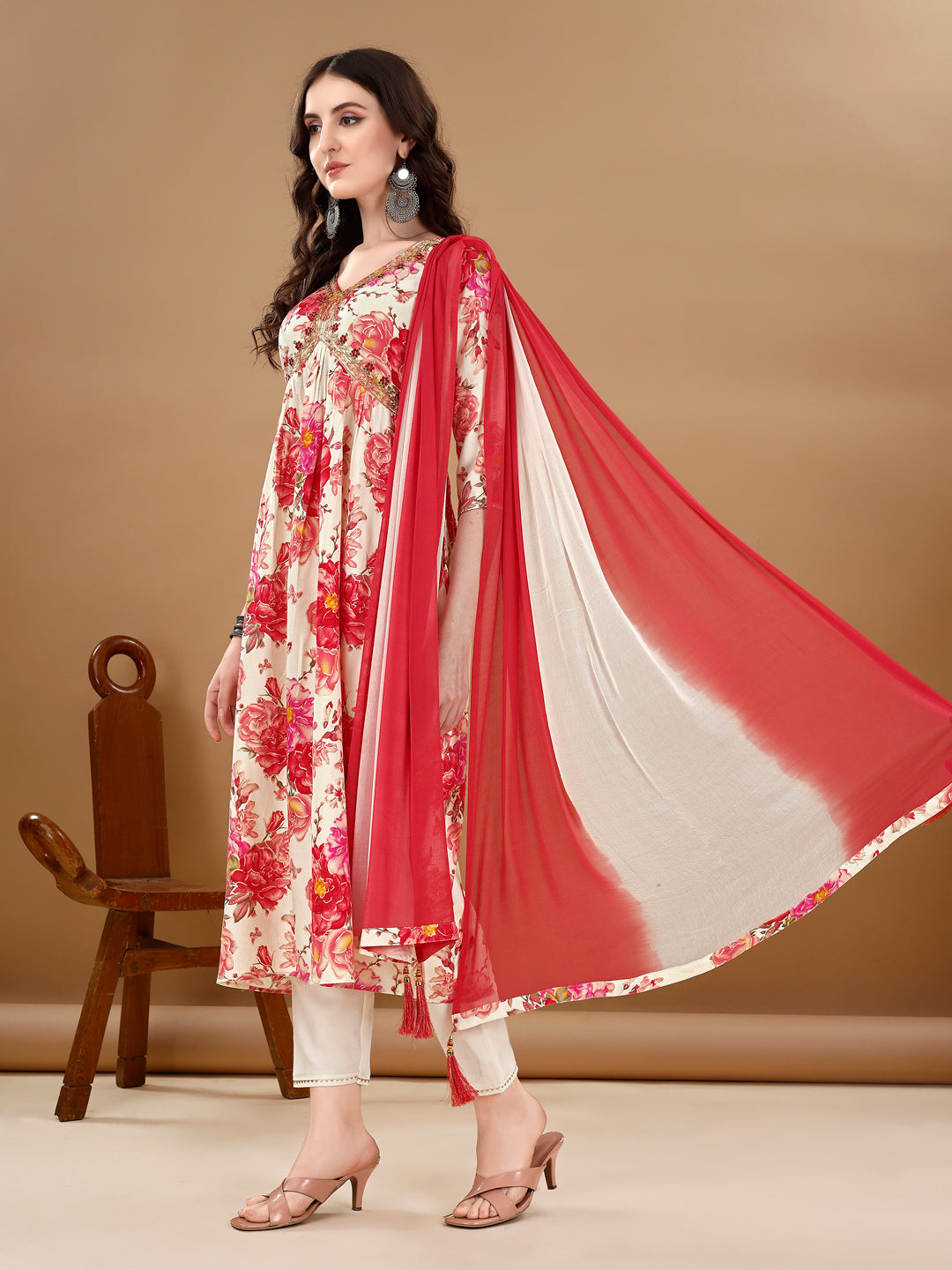 Alia Cut Floral Printed & Embroidered Kurta with pant & dupatta Set Premium Luxury