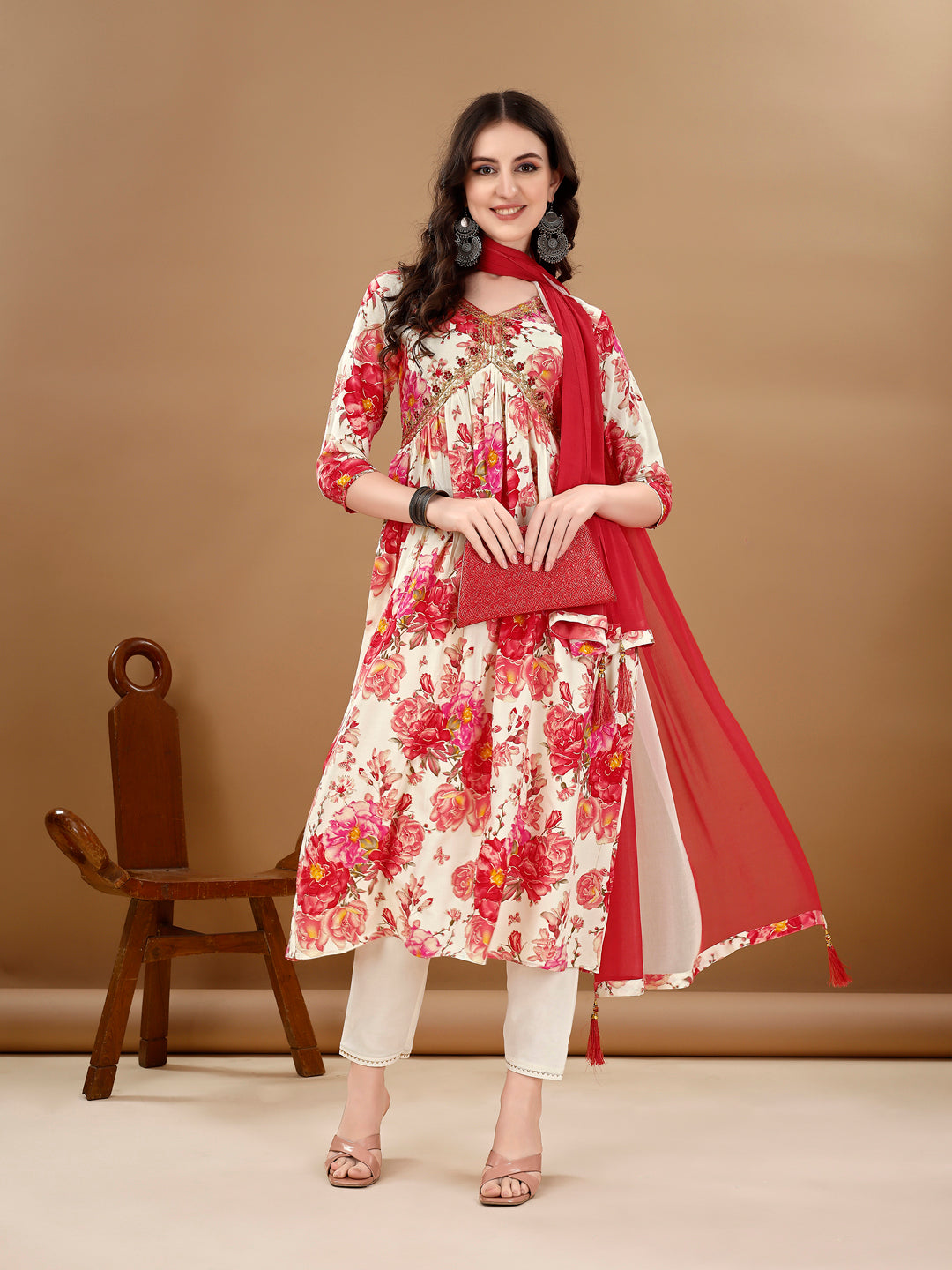 Alia Cut Floral Printed & Embroidered Kurta with pant & dupatta Set Premium Luxury