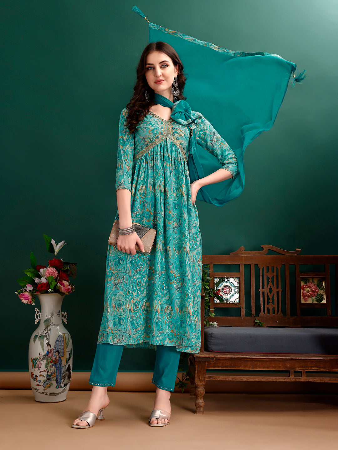 Alia Cut Floral Printed & Embroidered Kurta with pant & dupatta Set Luxury Premium