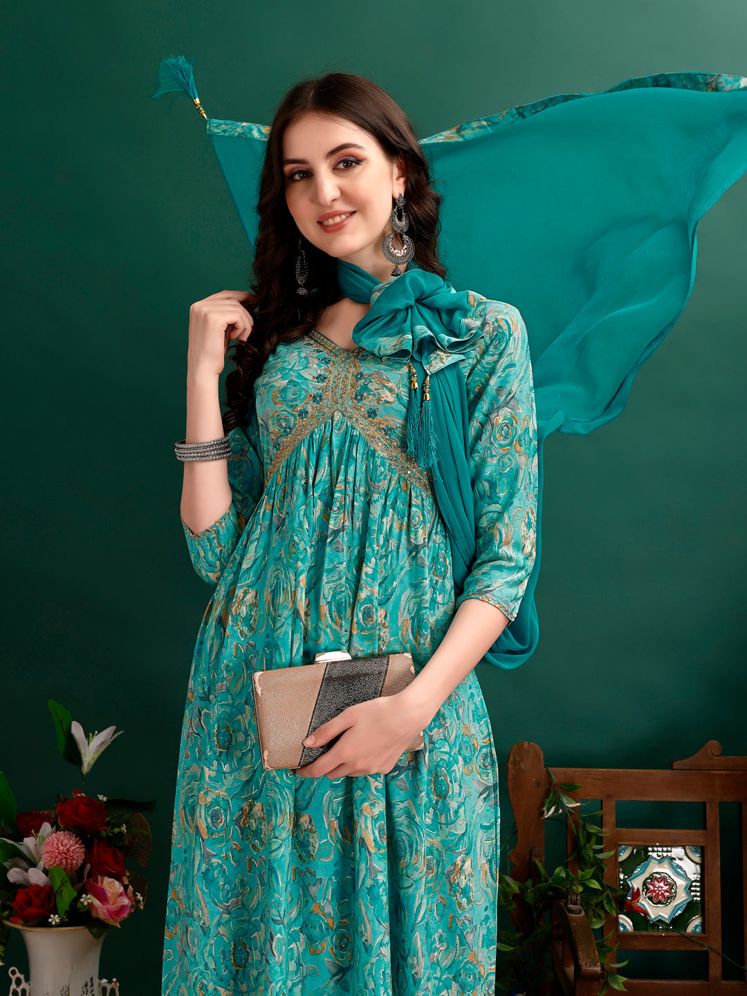 Alia Cut Floral Printed & Embroidered Kurta with pant & dupatta Set Luxury Premium