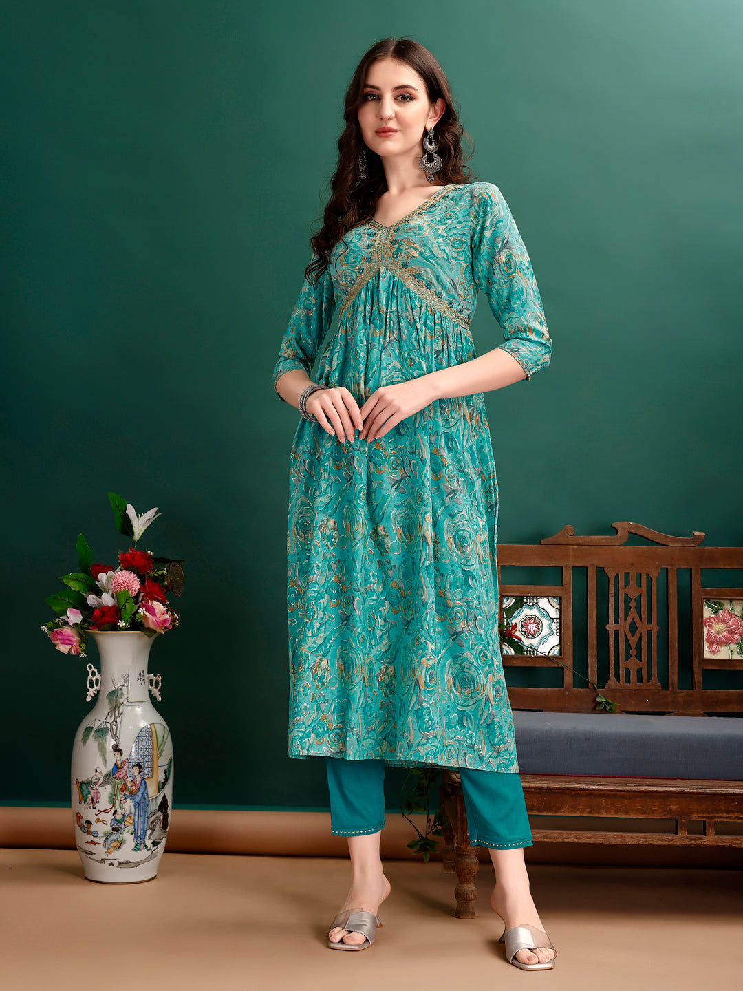 Alia Cut Floral Printed & Embroidered Kurta with pant & dupatta Set Luxury Premium