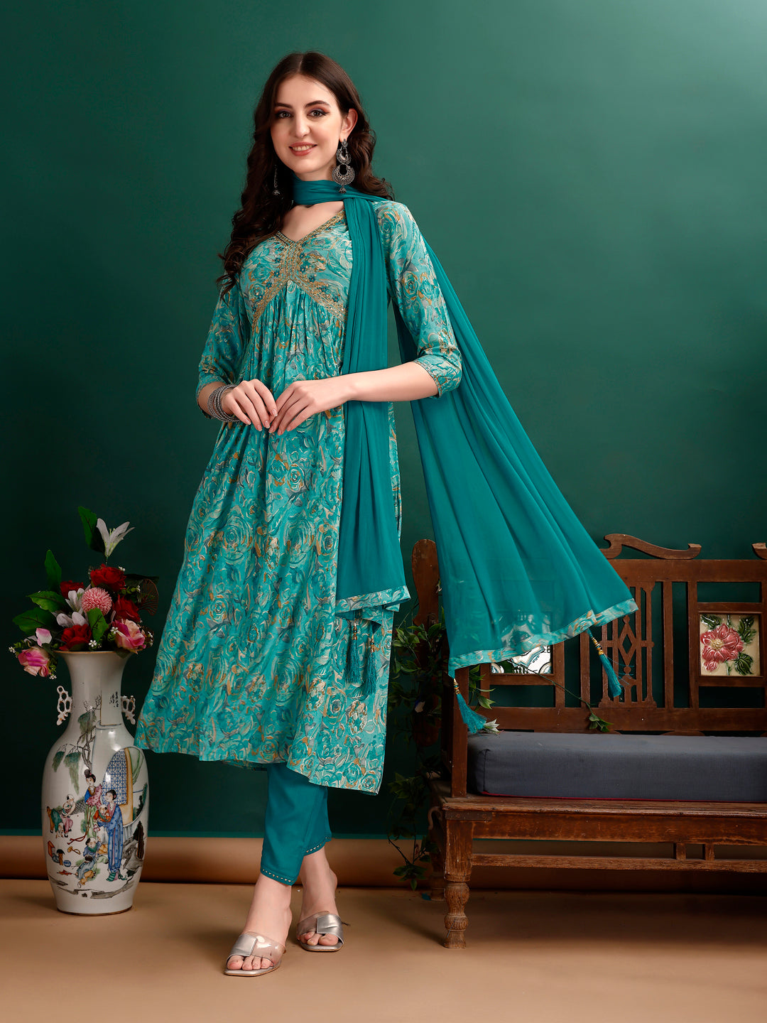 Alia Cut Floral Printed & Embroidered Kurta with pant & dupatta Set Luxury Premium