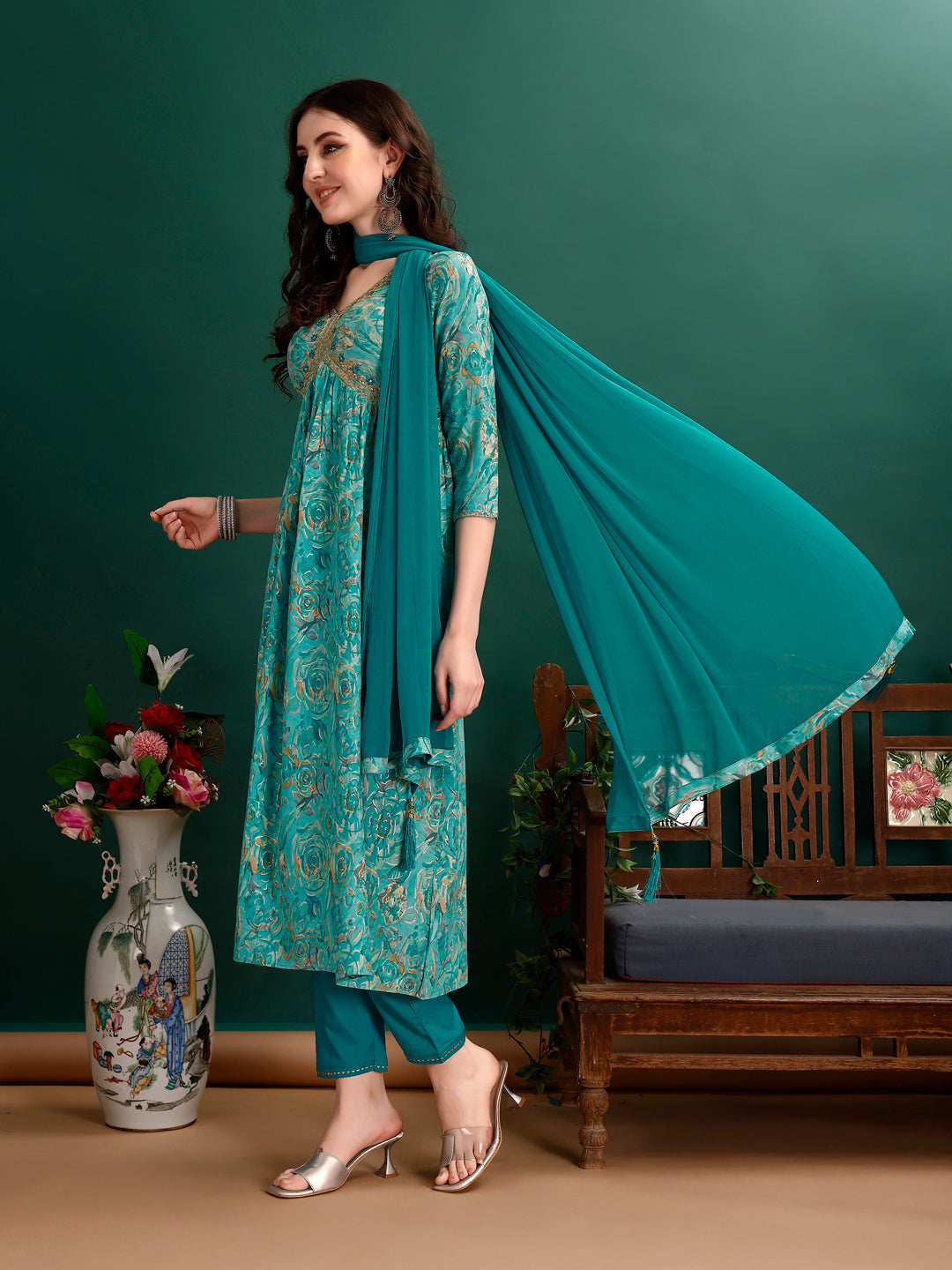 Alia Cut Floral Printed & Embroidered Kurta with pant & dupatta Set Luxury Premium