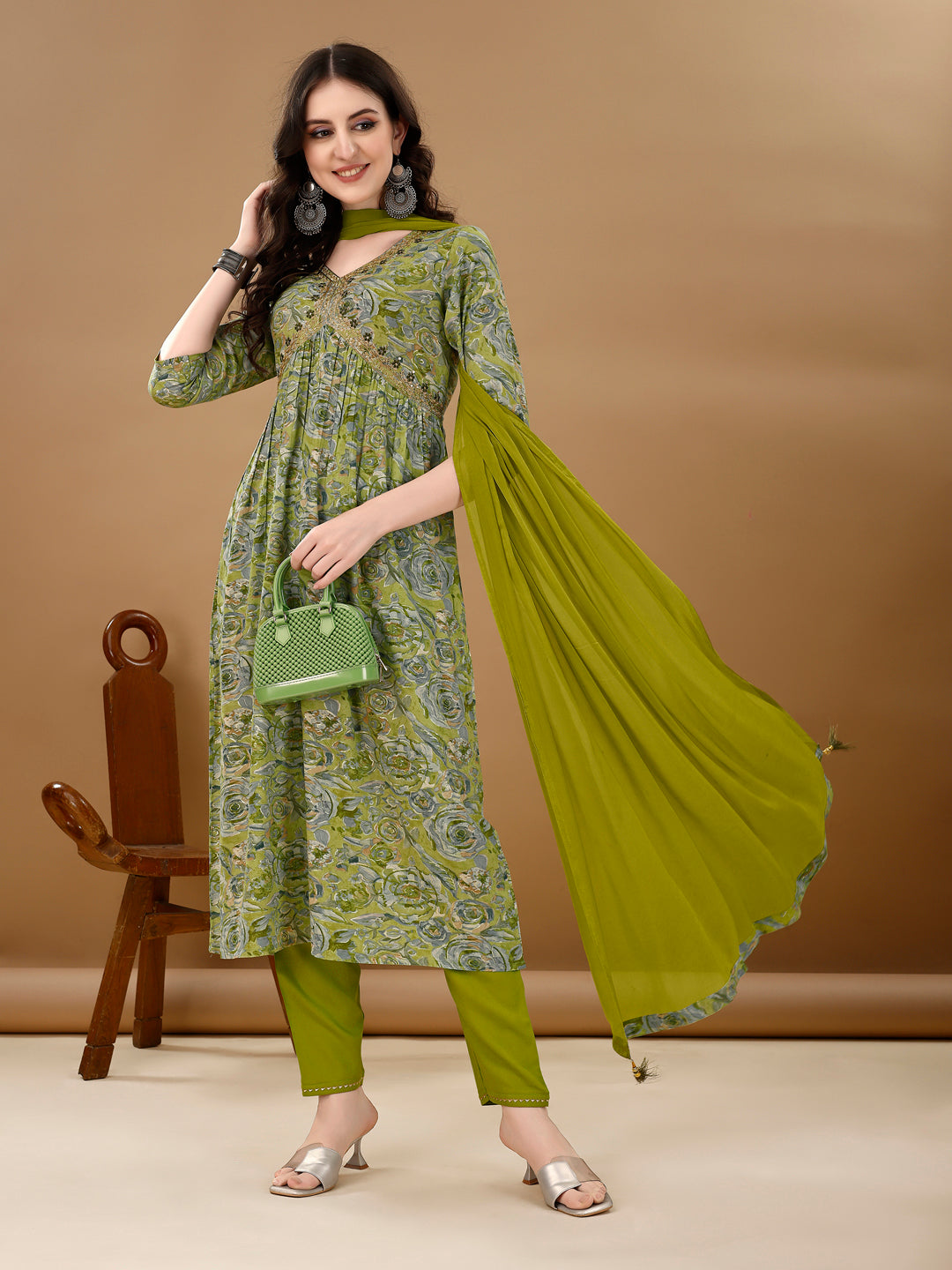 Alia Cut Floral Printed & Embroidered Kurta with pant & dupatta Set Luxury Premium