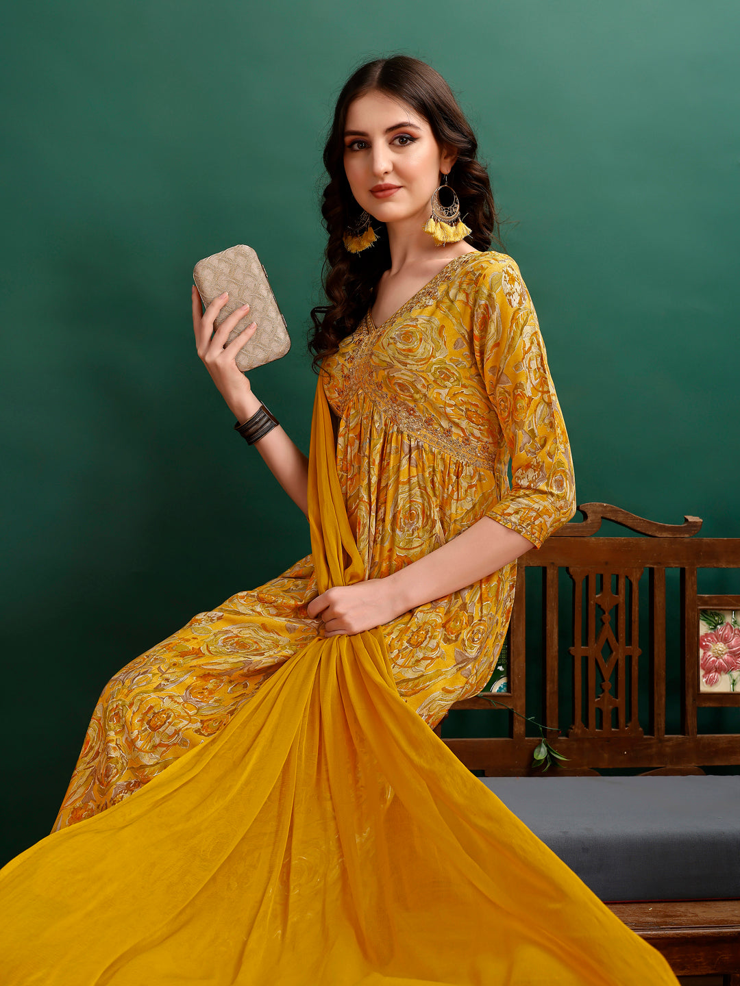 Alia Cut Floral Printed & Embroidered Kurta with pant & dupatta Set Luxury Premium