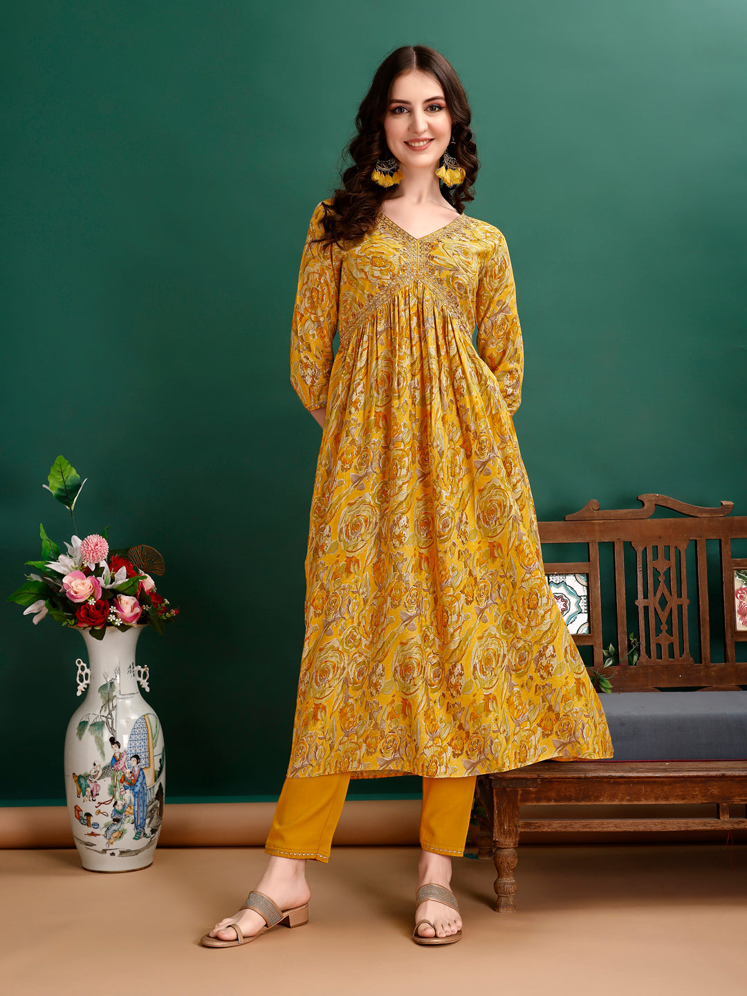 Alia Cut Floral Printed & Embroidered Kurta with pant & dupatta Set Luxury Premium