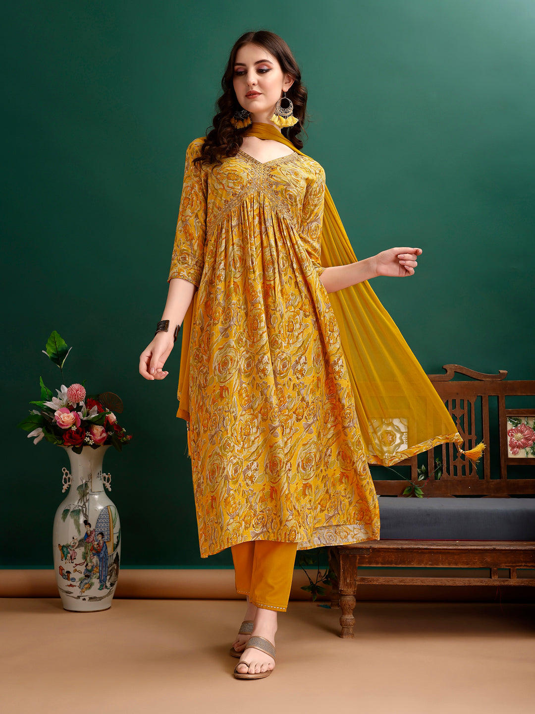 Alia Cut Floral Printed & Embroidered Kurta with pant & dupatta Set Luxury Premium