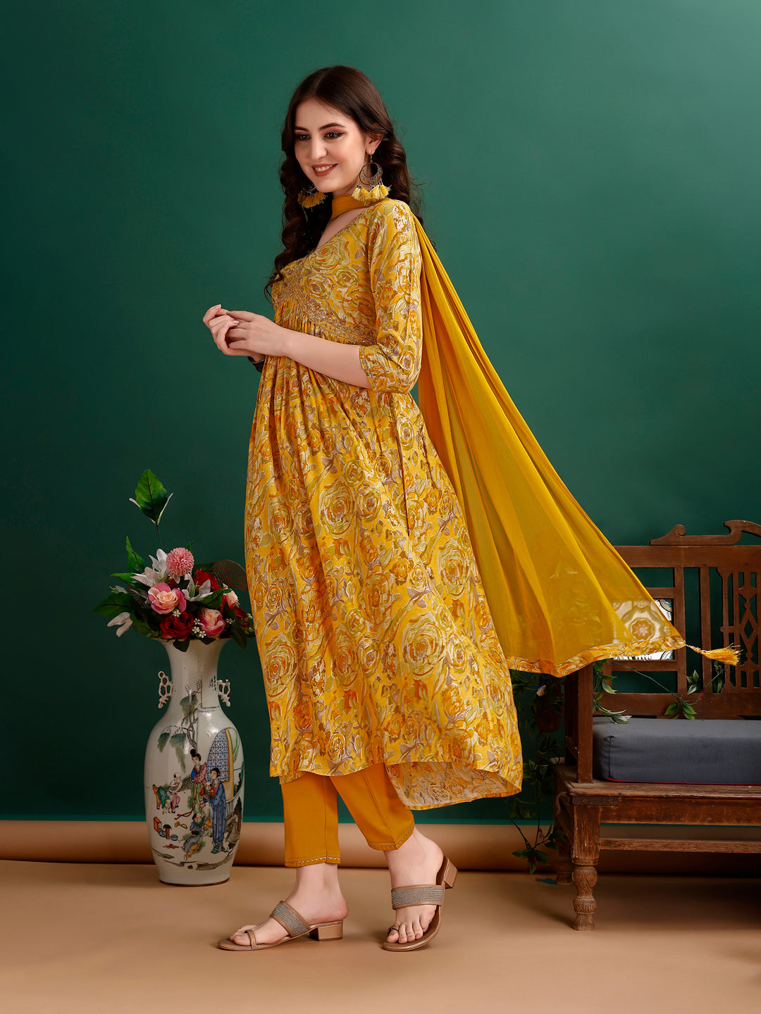 Alia Cut Floral Printed & Embroidered Kurta with pant & dupatta Set Luxury Premium