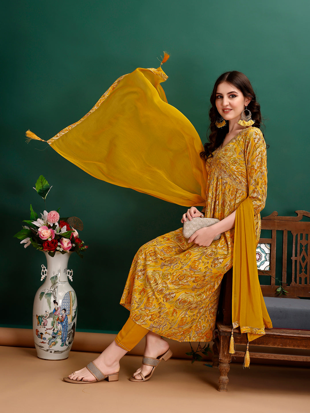 Alia Cut Floral Printed & Embroidered Kurta with pant & dupatta Set Luxury Premium