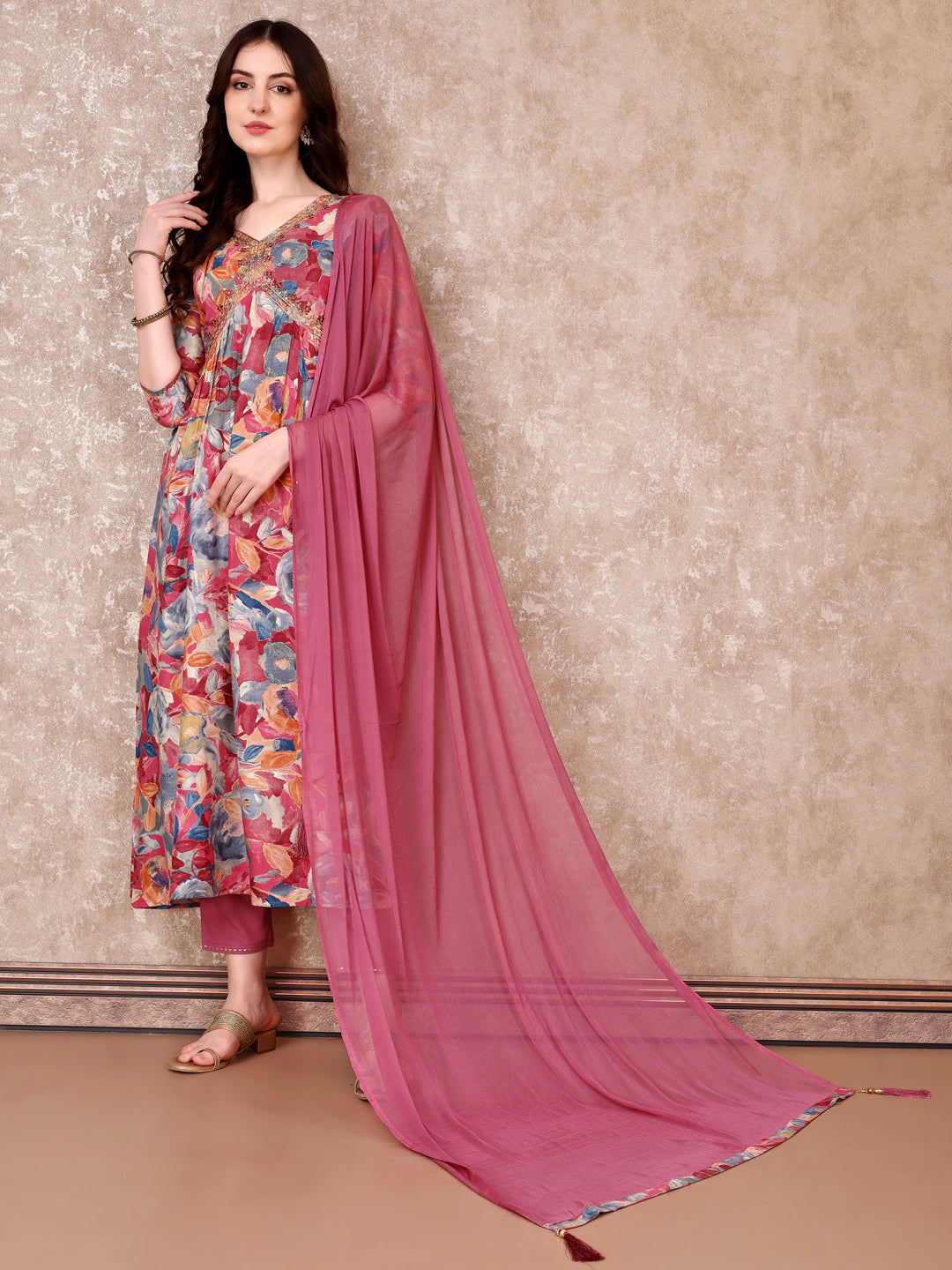 Alia Cut Embroidered & Floral Printed Kurta with pant & Dupatta Premium Luxury