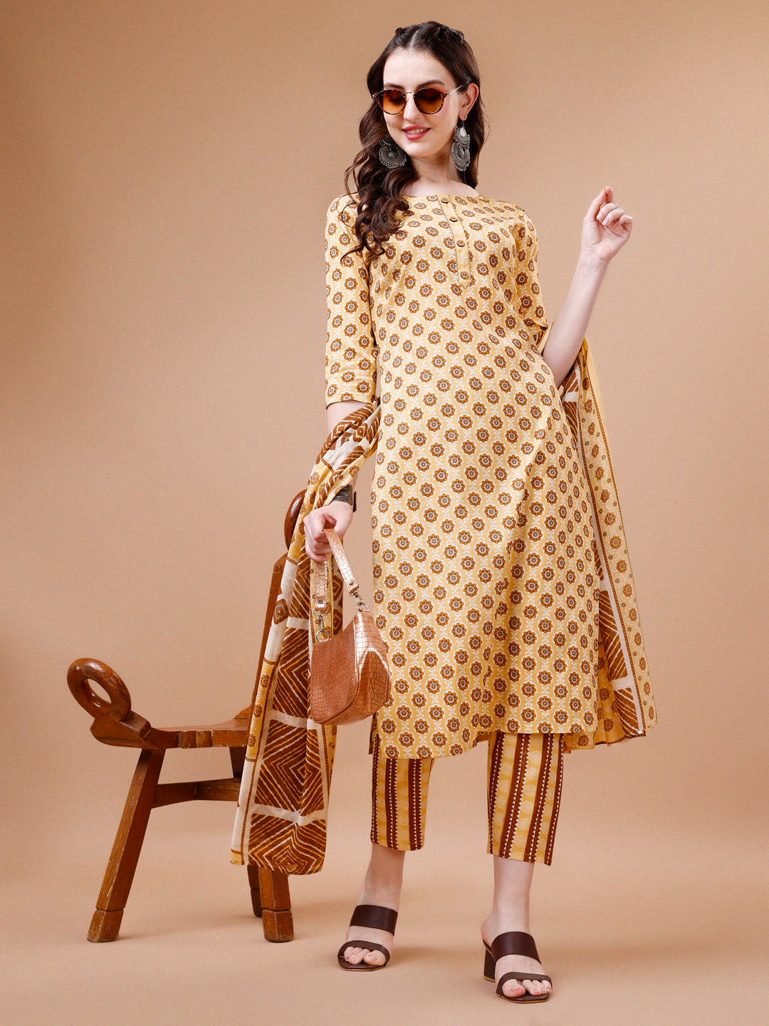 Floral printed Cotton Kurta with pant & dupatta