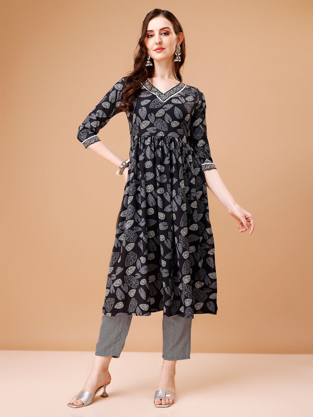 Leaf Printed Flared Kurta with pant & dupatta