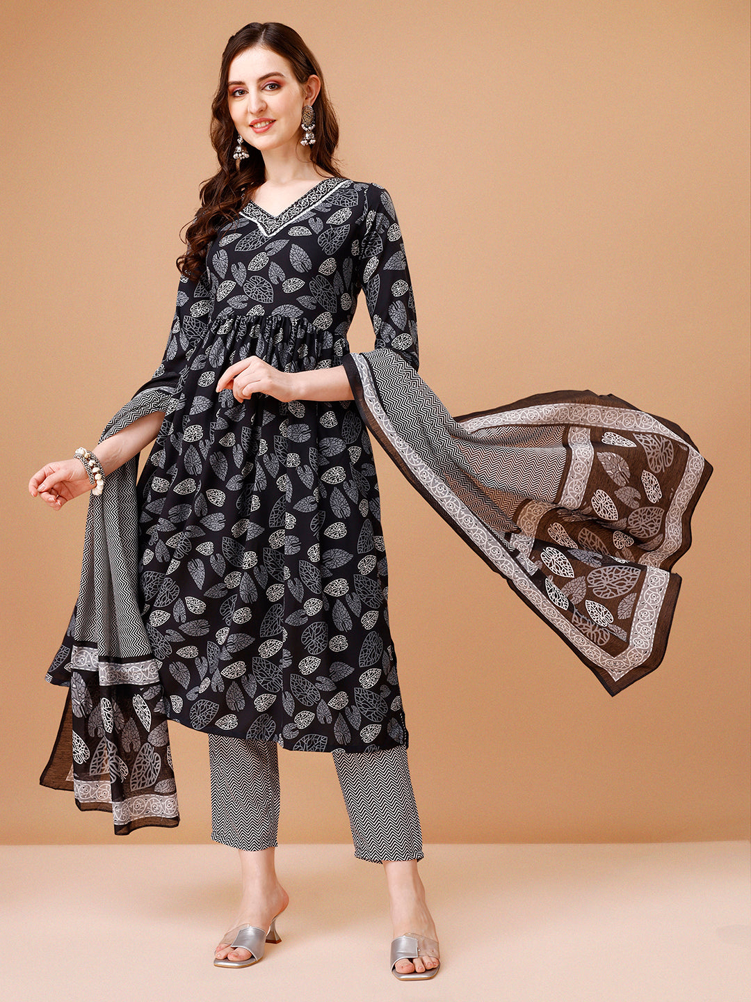 Leaf Printed Flared Kurta with pant & dupatta