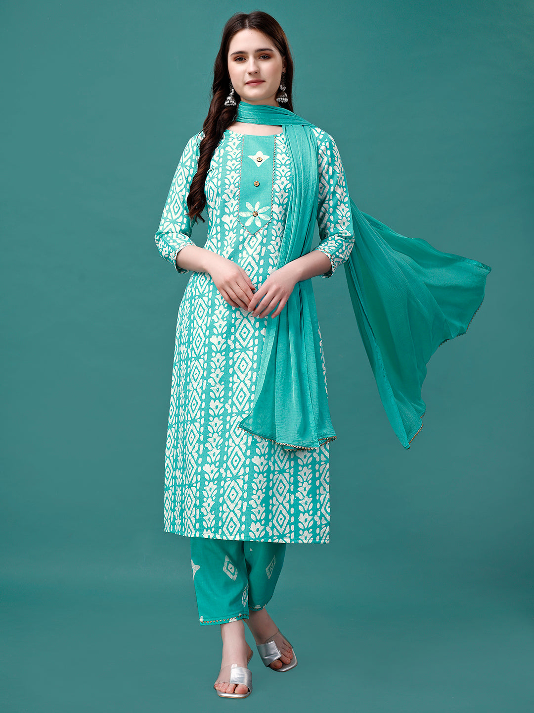 Bandhani Printed Cotton Kurta with pant & dupatta