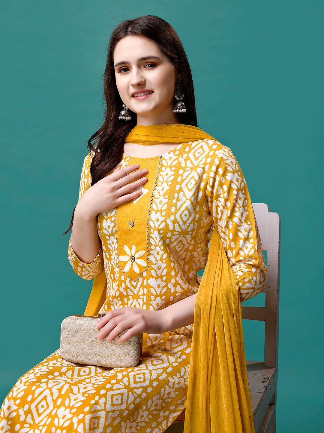 Bandhani Printed Cotton Kurta with pant & dupatta