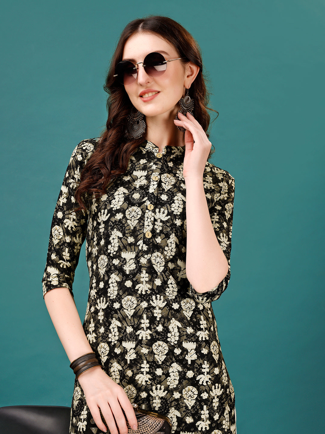 Ethnic Motifs Printed Front Buttoned Rayon Kurta