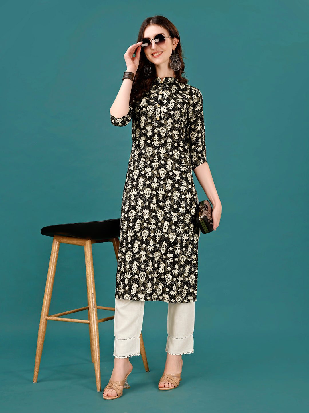 Ethnic Motifs Printed Front Buttoned Rayon Kurta