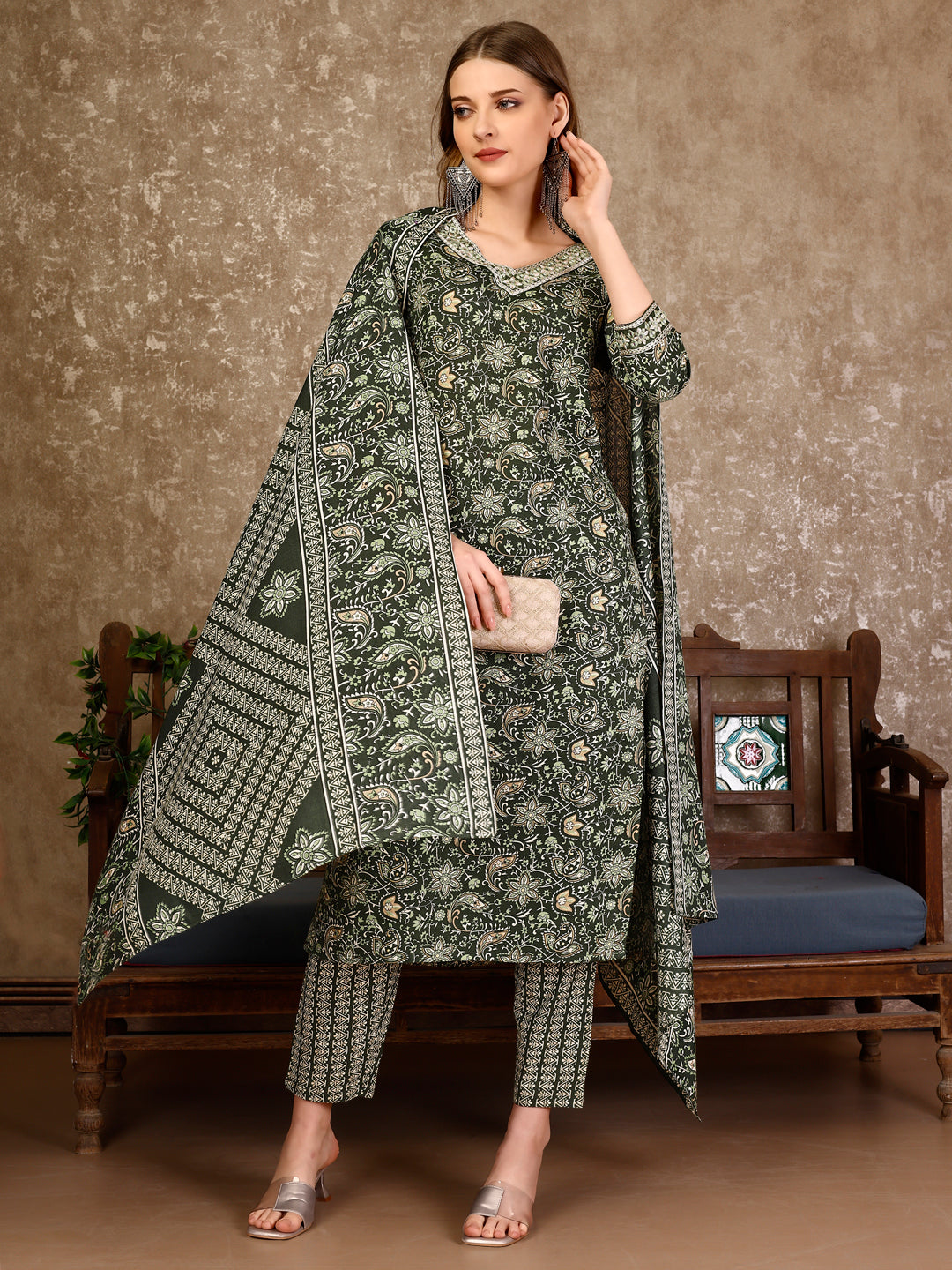 Embroidered & Printed Casual Wear Kurta with printed pant & Dupatta