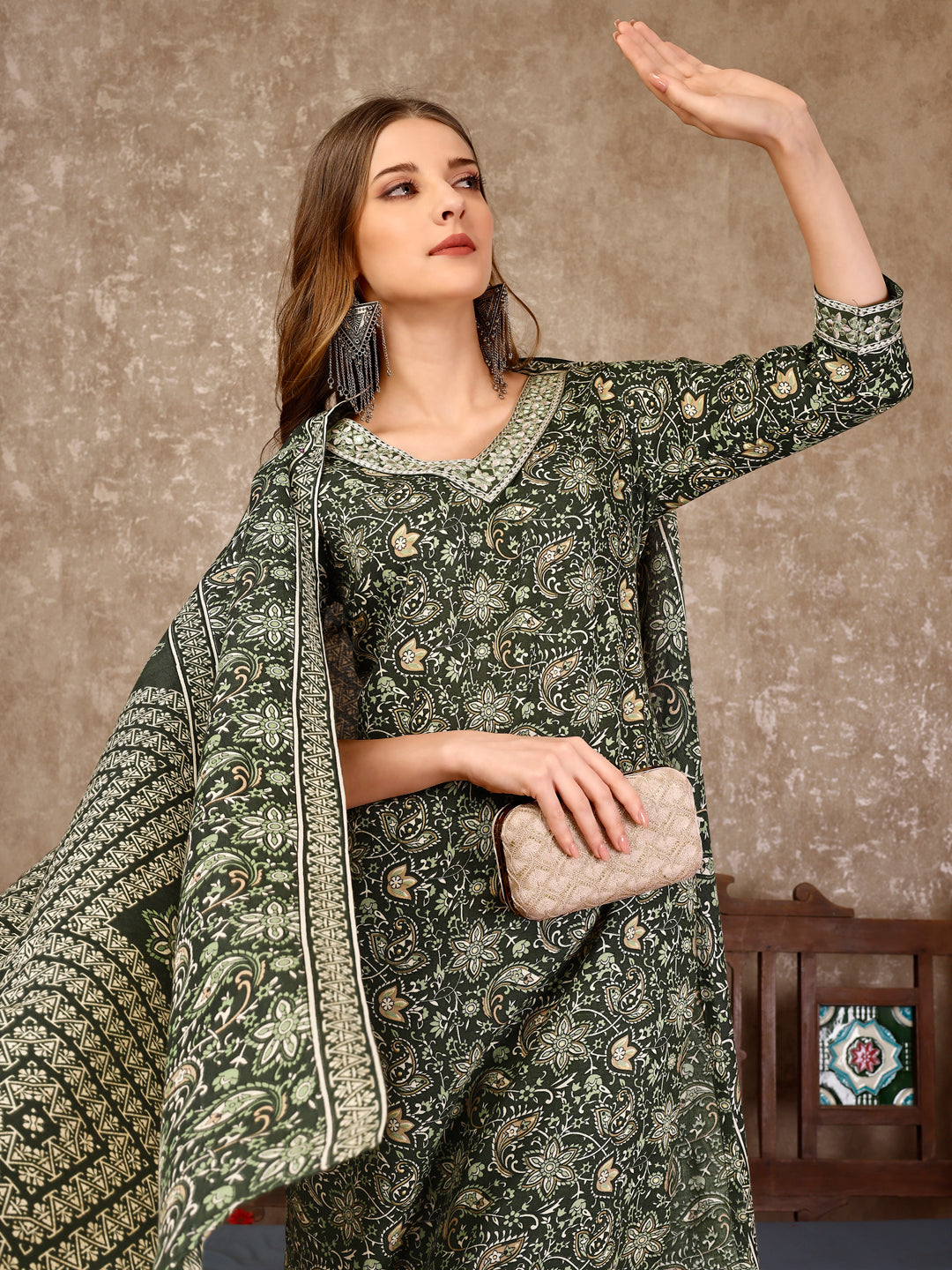 Embroidered & Printed Casual Wear Kurta with printed pant & Dupatta