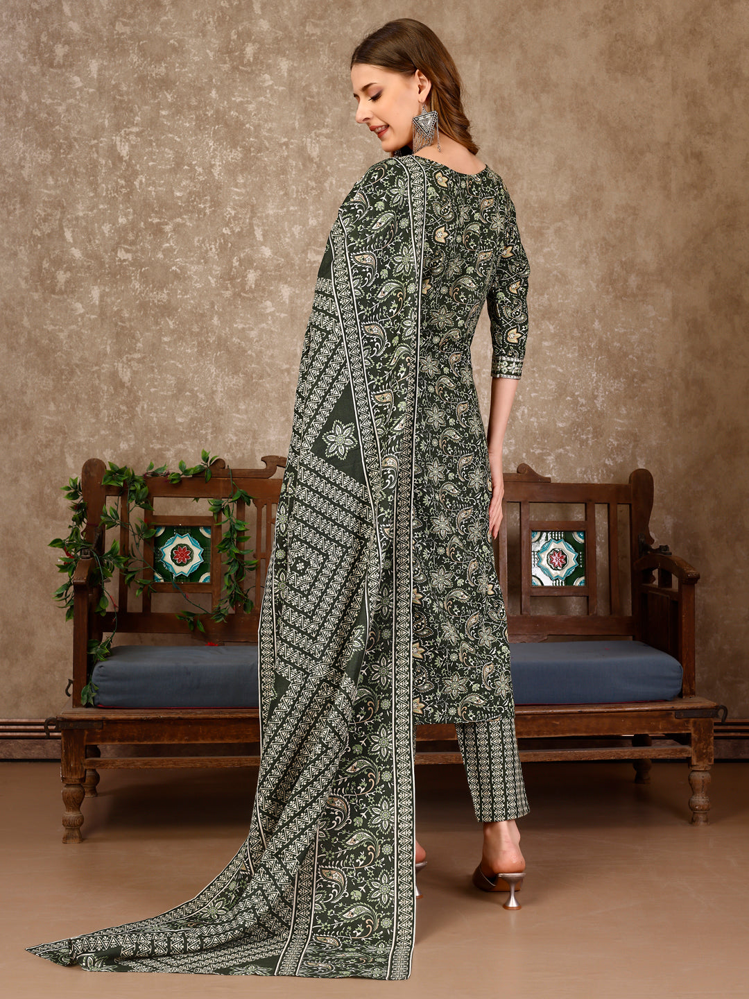 Embroidered & Printed Casual Wear Kurta with printed pant & Dupatta