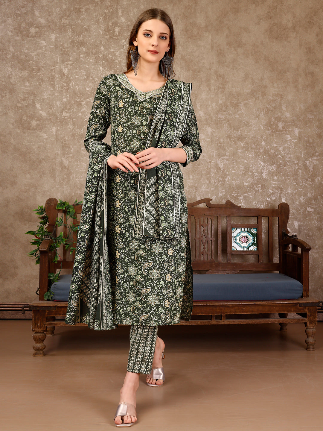 Embroidered & Printed Casual Wear Kurta with printed pant & Dupatta