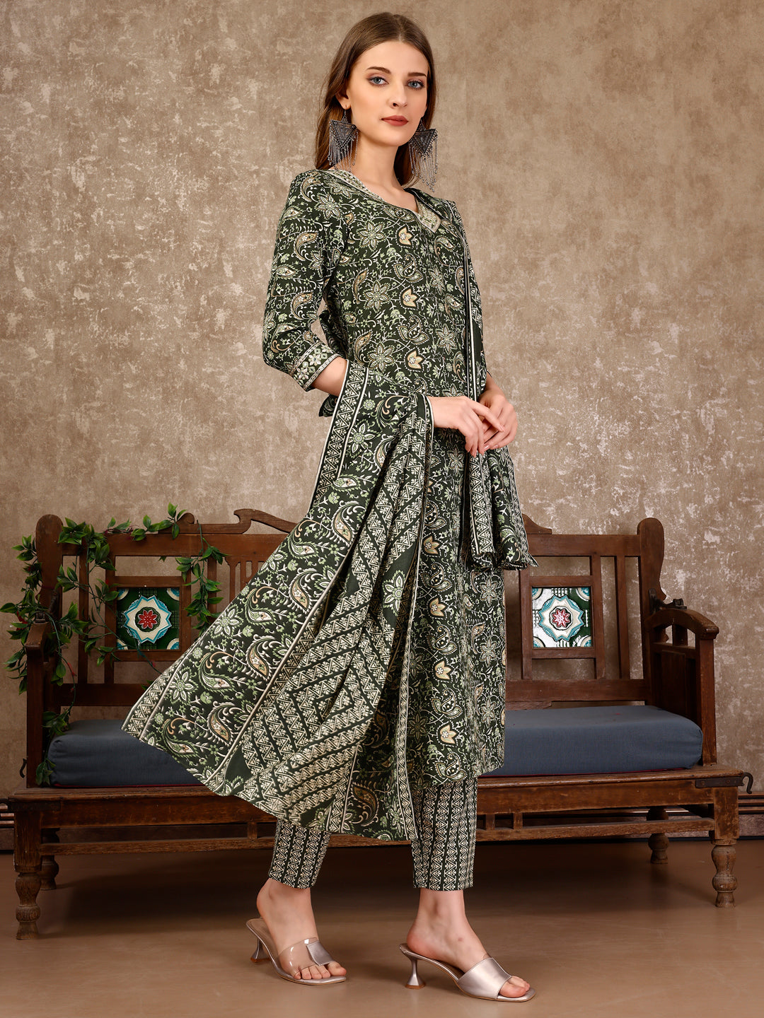 Embroidered & Printed Casual Wear Kurta with printed pant & Dupatta