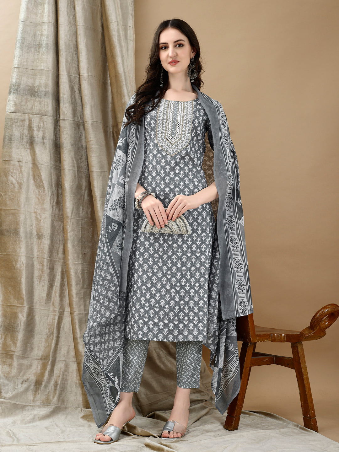 Embroidered & Printed Kurta with Pant & Dupatta