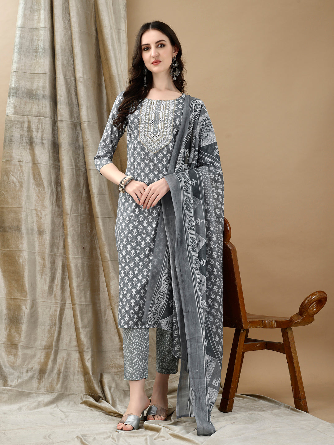 Embroidered & Printed Kurta with Pant & Dupatta