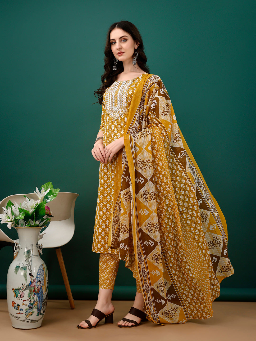 Embroidered & Printed Kurta with Pant & Dupatta