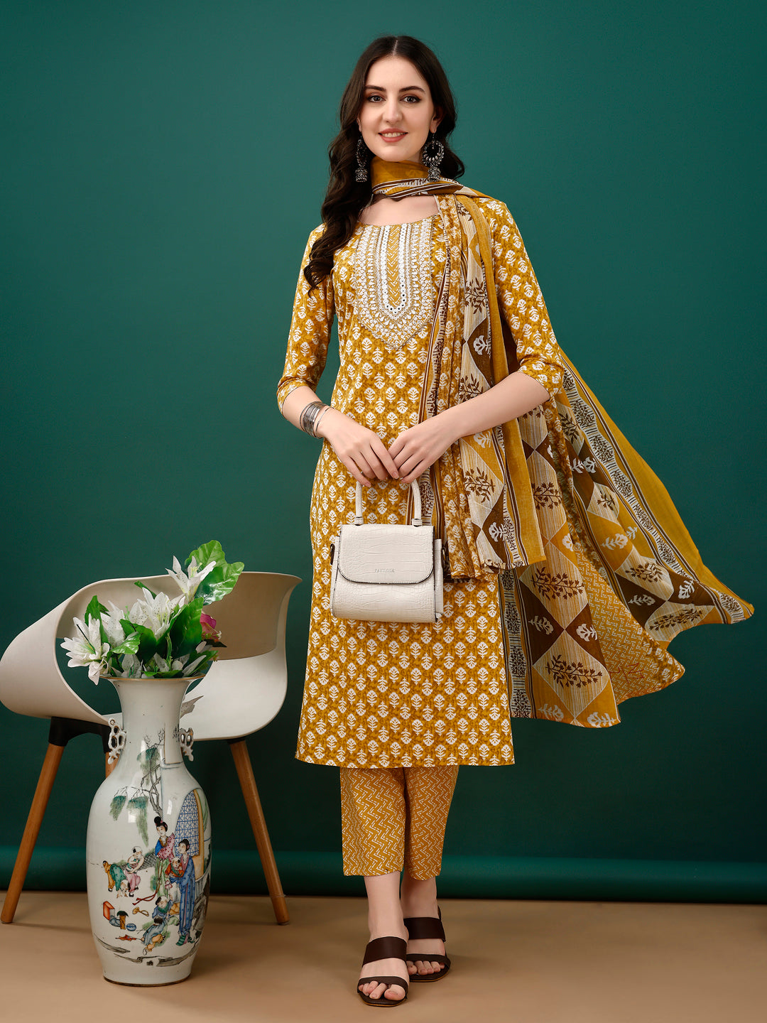 Embroidered & Printed Kurta with Pant & Dupatta