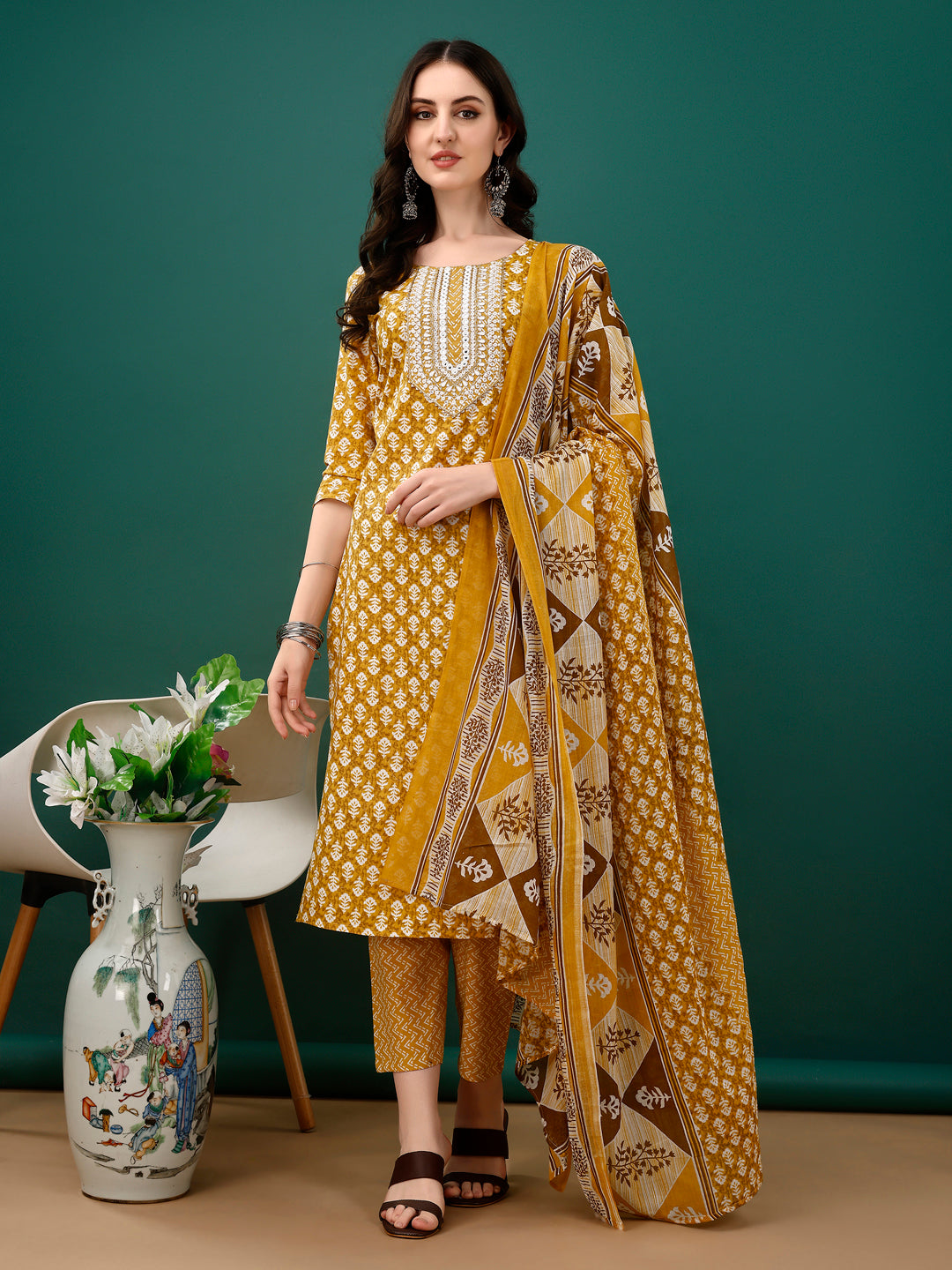 Embroidered & Printed Kurta with Pant & Dupatta