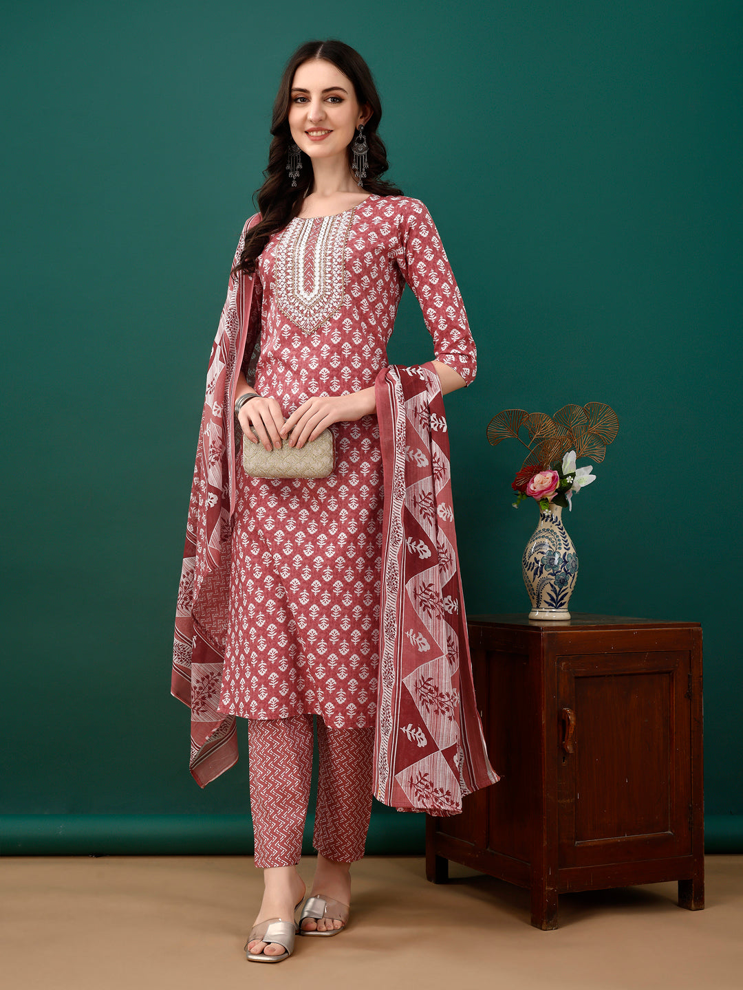 Embroidered & Printed Kurta with Pant & Dupatta