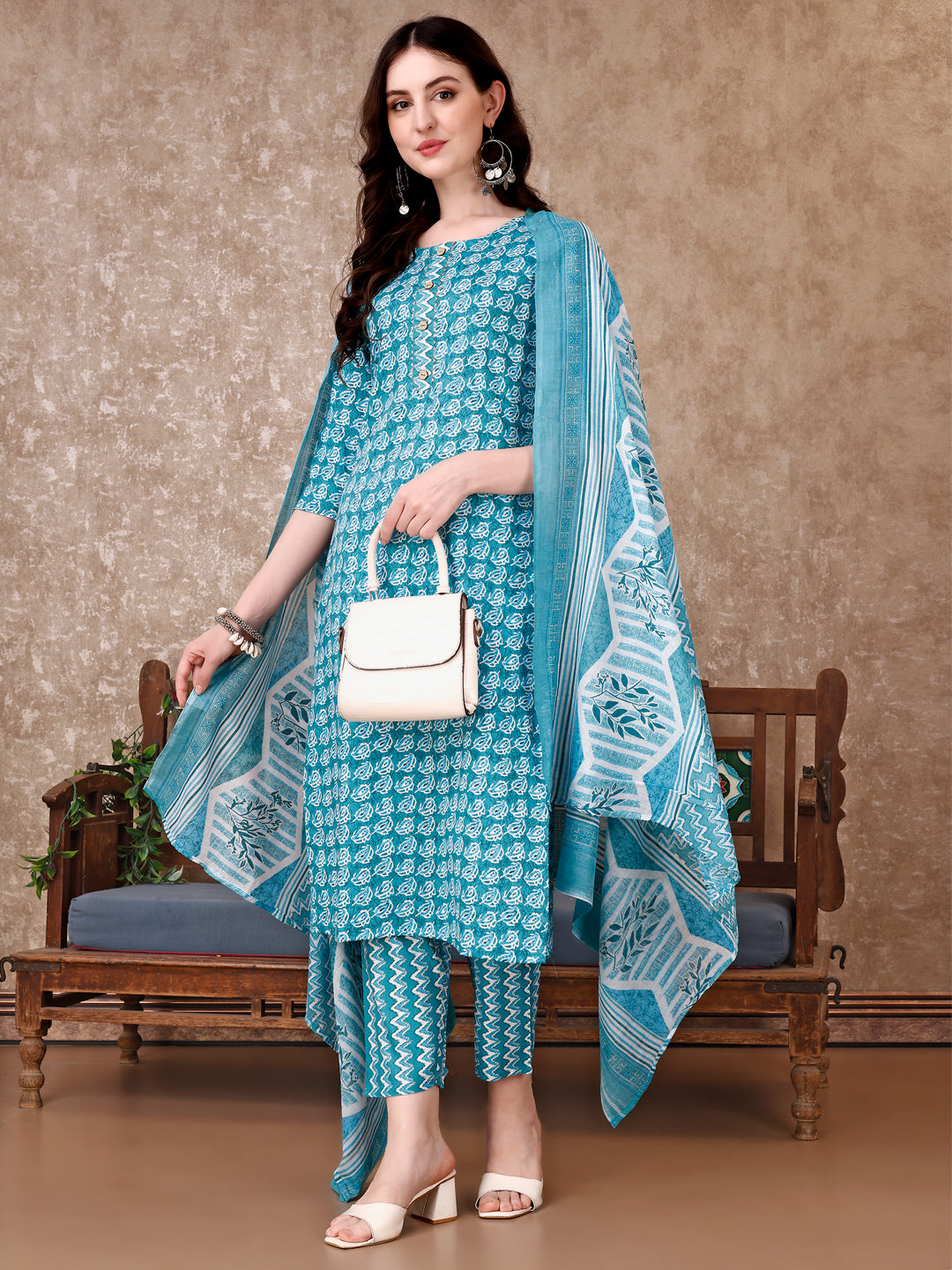 Leaf Printed Kurta With printed Pant & Dupatta