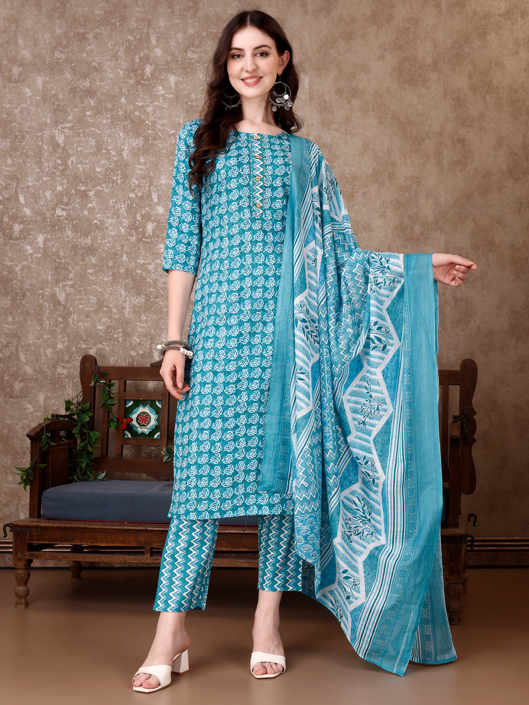 Leaf Printed Kurta With printed Pant & Dupatta