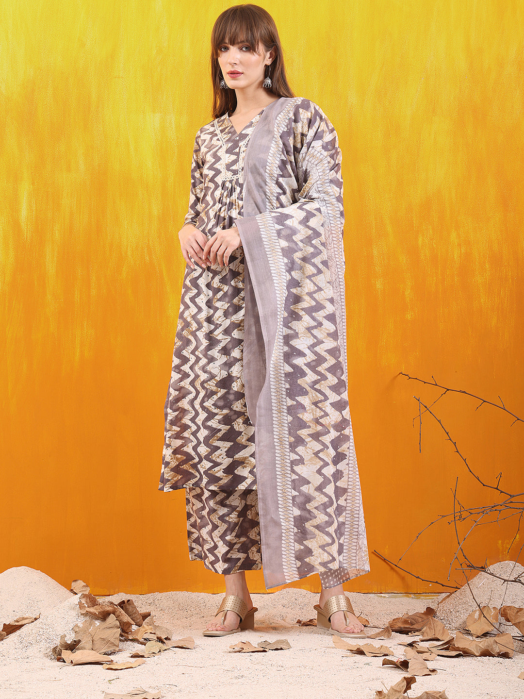 Chevron Printed Kurta with Palazzo Pant & Dupatta