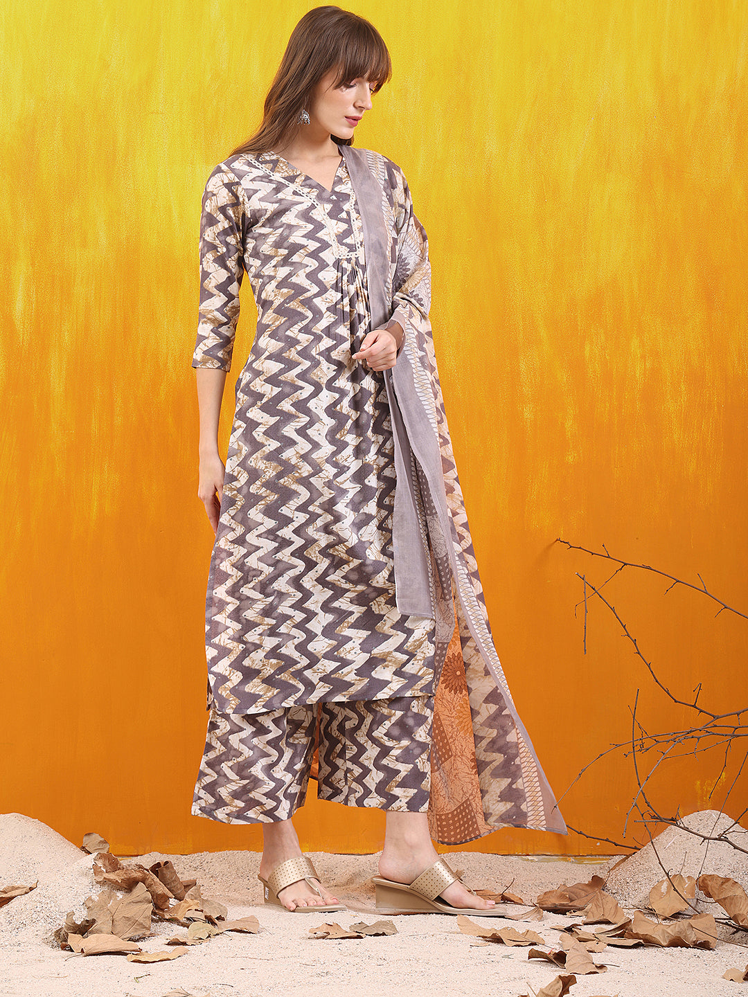 Chevron Printed Kurta with Palazzo Pant & Dupatta