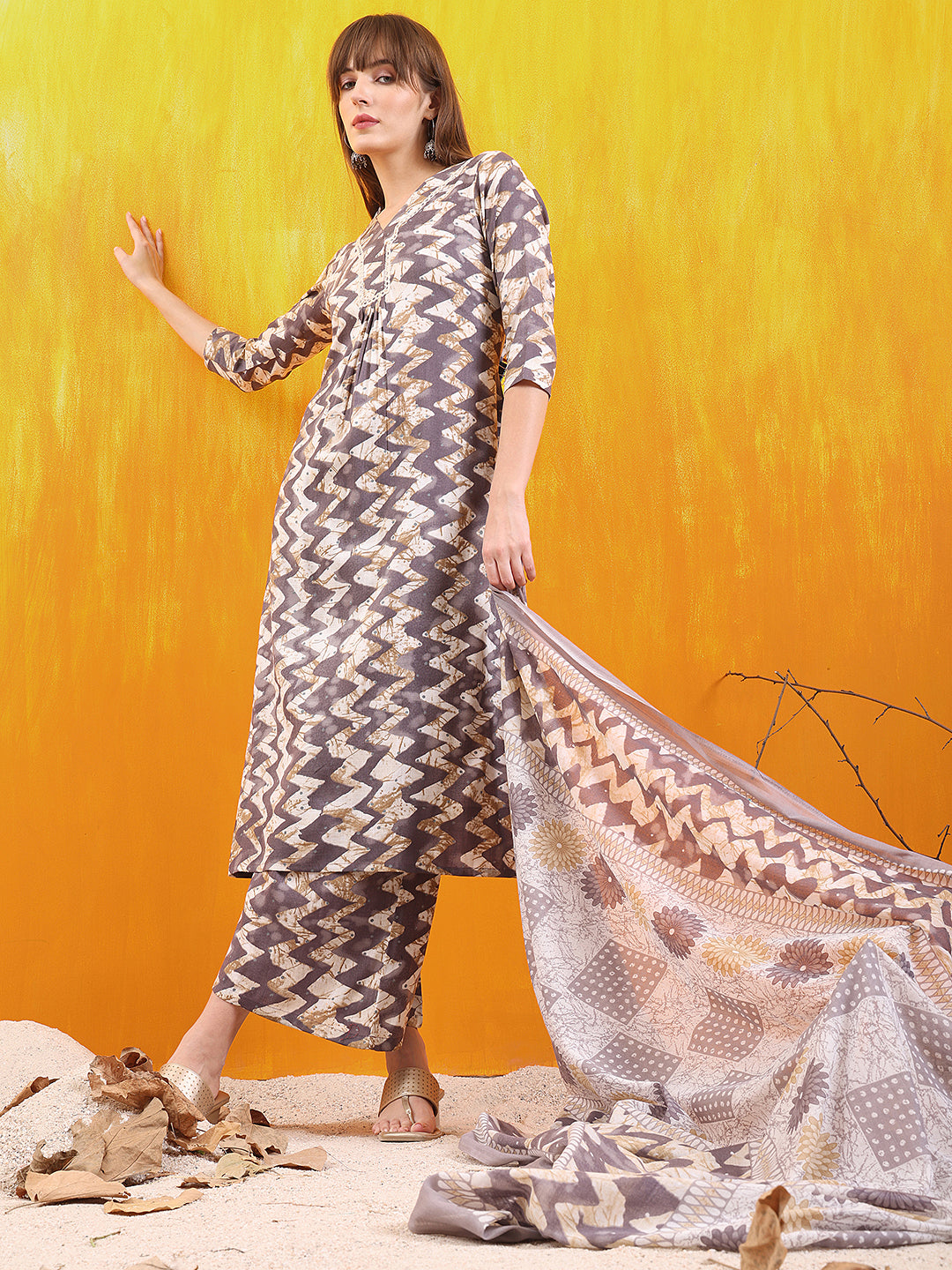 Chevron Printed Kurta with Palazzo Pant & Dupatta