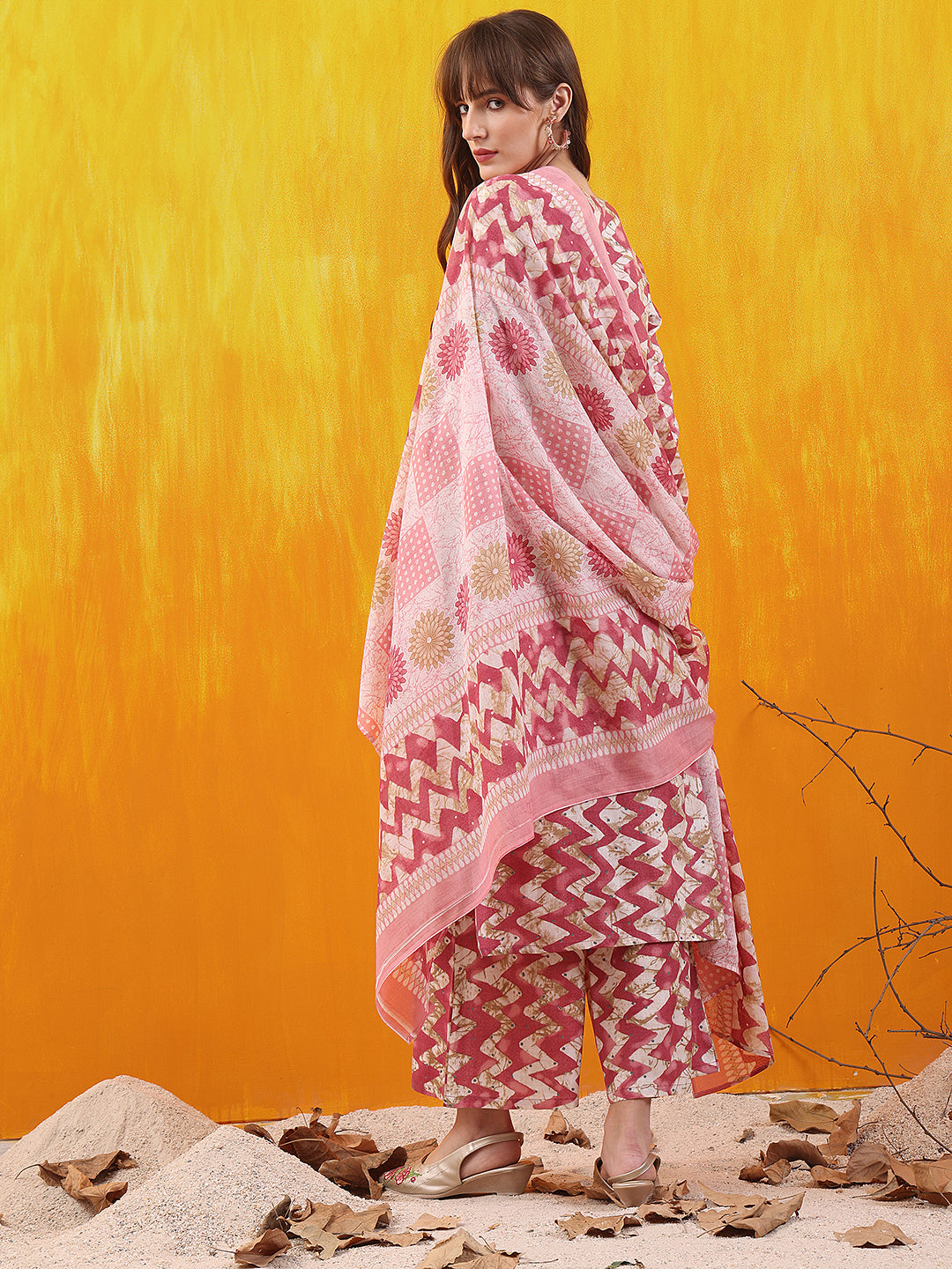 Chevron Printed Kurta with Palazzo Pant & Dupatta